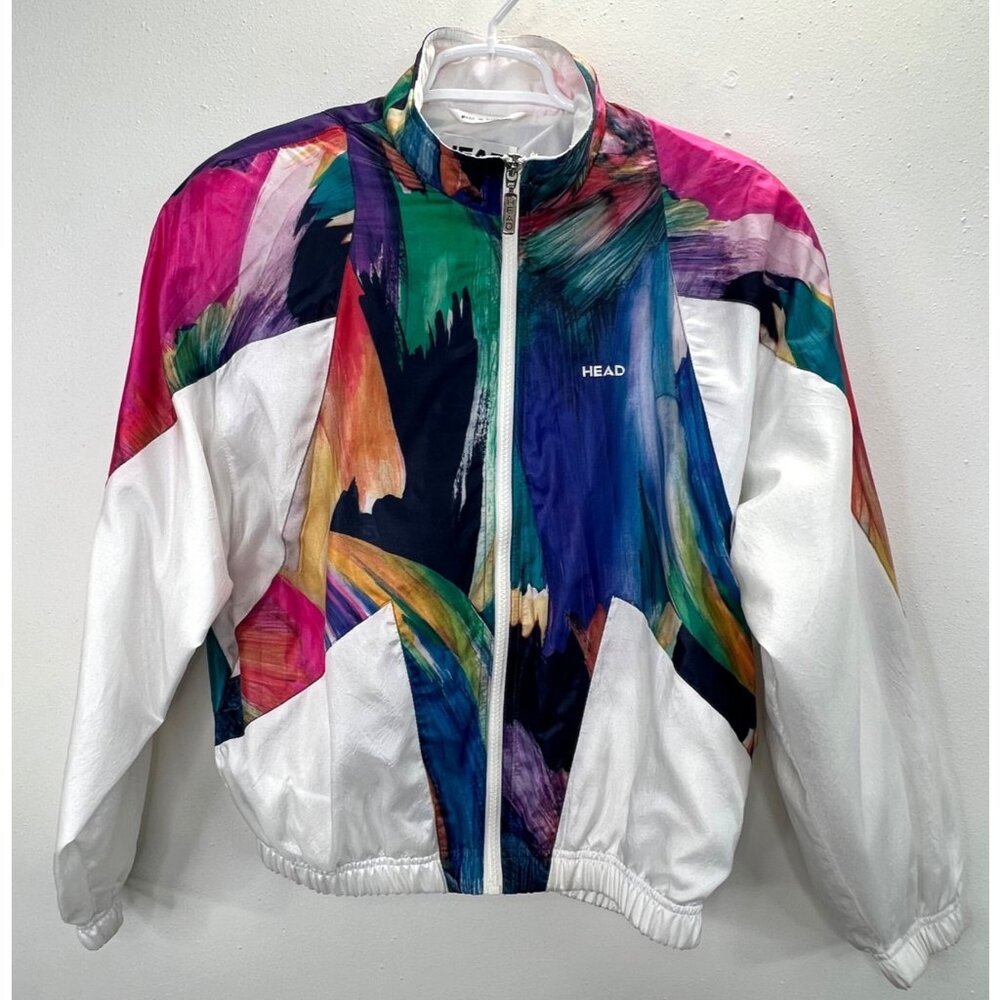 Vintage Head Tennis Jacket S Women White Multi Color Windbreaker Track Pockets